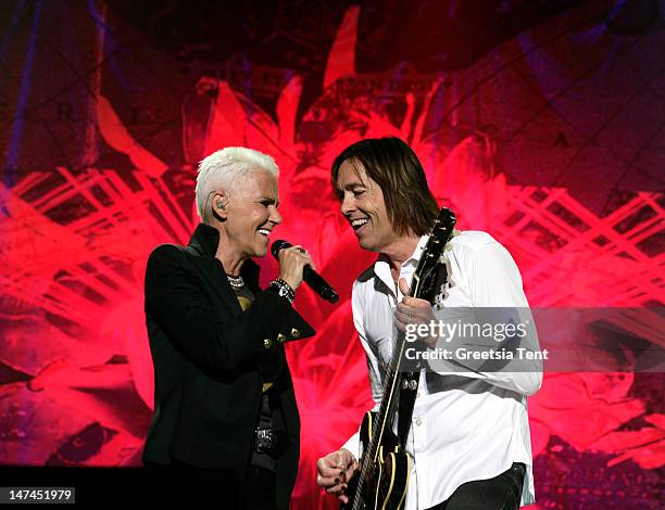 Marie Fredriksson and Per Gessle of Roxette perform at Heineken Music Hall on June 29, 2012 in Amsterdam, Netherlands.