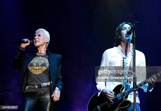 Marie Fredriksson and Per Gessle of Roxette perform at Heineken Music Hall on June 29, 2012 in Amsterdam, Netherlands.