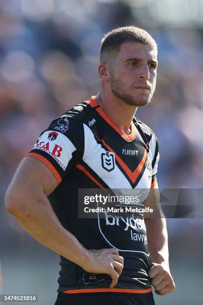 Adam Doueihi of the Wests Tigers looks on during the round three NRL match between Canterbury Bulldogs and Wests Tigers at Belmore Sports Ground on...