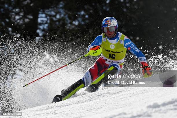 Alexis Pinturault of France competes in his first run of Men's Slalom at the Audi FIS Alpine Ski World Cup Finals on March 19, 2023 in Soldeu near...