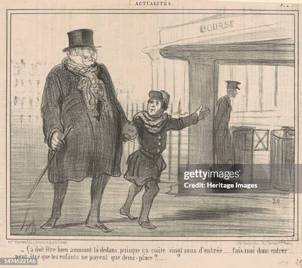 Ca doit être bien amusant la-dedans ..., 19th century. 'Bourse' - stock exchange. Small boy to top-hatted man: 'it must be fun in there'. Wondering...