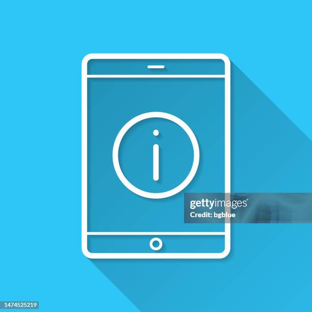 tablet pc with information sign. icon on blue background - flat design with long shadow - interactive kiosk stock illustrations