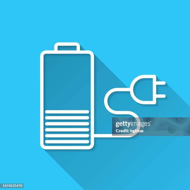 battery charging. icon on blue background - flat design with long shadow - lithium stock illustrations