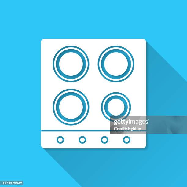 電気ストーブ - 上面図。青の背景にアイコン – 長い影を持つフラットデザイン - electric stove burner点のイラスト素材／クリップアート素材／マンガ素材／アイコン素材