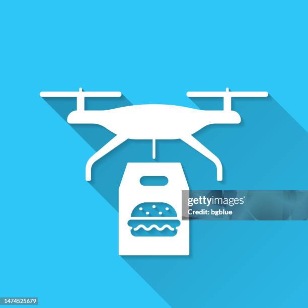 food delivery drone with burger. icon on blue background - flat design with long shadow - remote control helicopter stock illustrations