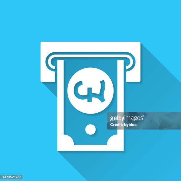 pound withdrawal. icon on blue background - flat design with long shadow - paid absence stock illustrations