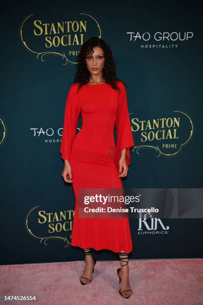 Bella Hadid arrives at the grand opening of Stanton Social Prime at Caesars Palace on March 18, 2023 in Las Vegas, Nevada.