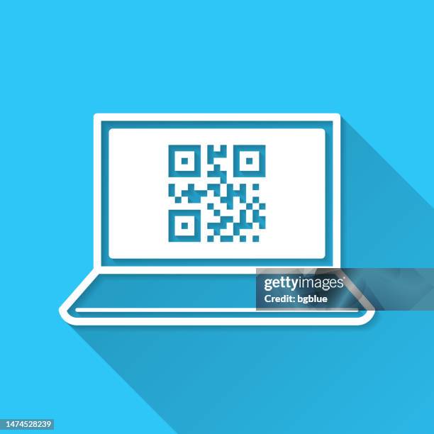 laptop with qr code. icon on blue background - flat design with long shadow - reading label stock illustrations