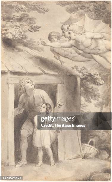 Peter and His Children Visited by Three Flying Figures, c. 1783. Creator: Thomas Stothard.