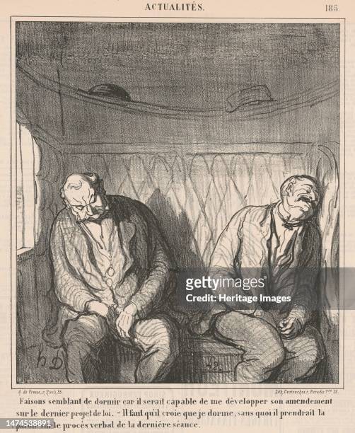 Faisons semblant de dormir..., 19th century. Two men pretending to sleep in order to take advantage of the other. Creator: Honore Daumier.