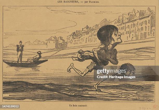 Un bain contrarié, 19th century. Bathers. An unsatisfactoy swim. Creator: Honore Daumier.