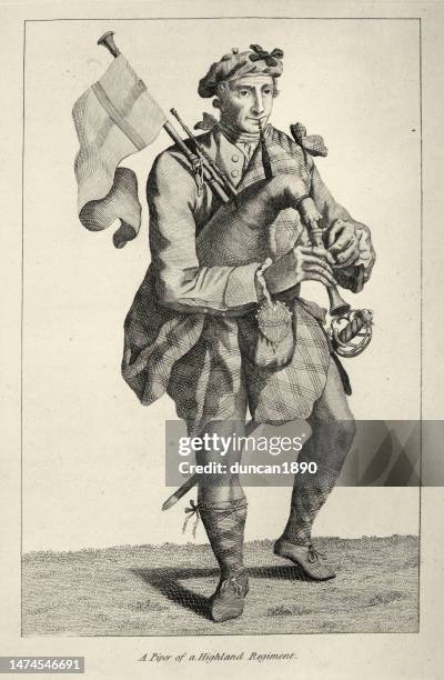 dudelsack spielender dudelsackpfeifer des highland regiments, soldat der britischen armee, militärgeschichte ende des 18. jahrhunderts - typisch schottisch stock-grafiken, -clipart, -cartoons und -symbole