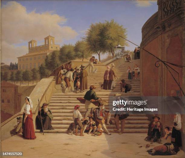 The Upper Flights of the Spanish Steps in Rome, 1847. Beggars, tourists, children, pilgrim with staff and scallop shell on cloak, artist with...