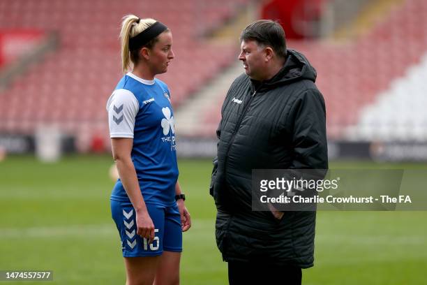 Lee Sanders, Manager of Durham talks to Dee Bradley of Durham prior to the Barclays FA Women's Championship match between Southampton F.C. And Durham...