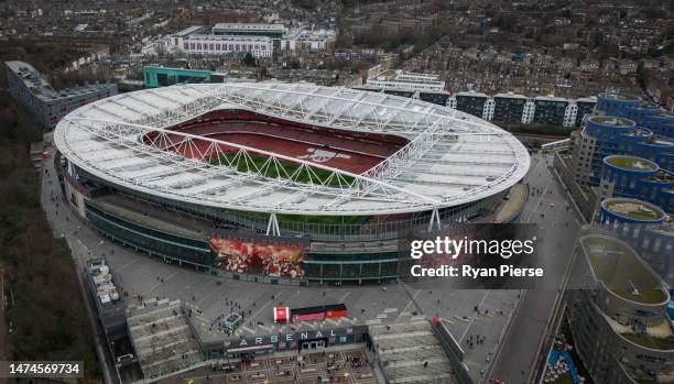 An aerial view of Emirates Stadium prior to the Premier League match between Arsenal FC and Crystal Palace at Emirates Stadium on March 19, 2023 in...