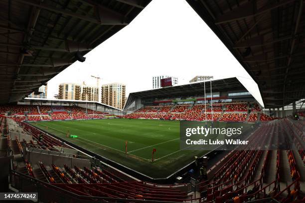 General view inside the stadium prior to the Premiership Rugby Cup match between London Irish and Exeter Chiefs at Gtech Community Stadium on March...