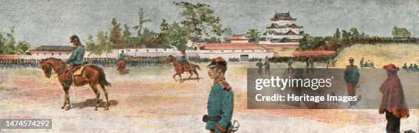 ''The Manoeuvres of the Japanese Army before His Majesty the Mikado; Review on the Drill Ground, Nagoya, with the Castle in the Background', 1891....