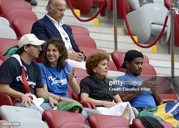 The adoptive family of Mario Balotelli, brother Corrado Balotelli, sister Cristina Balotelli and mother Silvia Balotelli look on during the UEFA EURO...