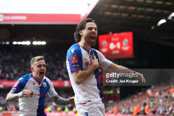 Ben Brereton Diaz of Blackburn Rovers celebrates after scoring the team's first goal during the Emirates FA Cup Quarter Final match between Sheffield...