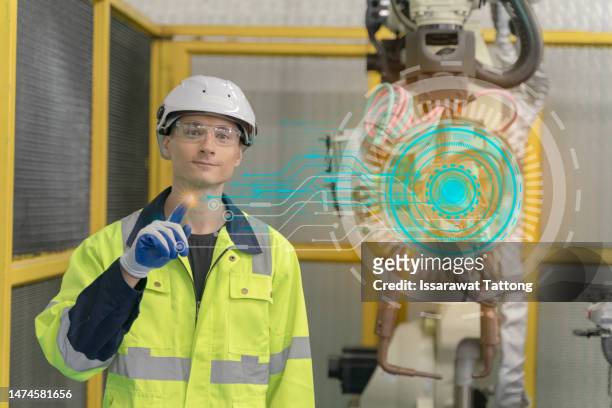 smart industry robot arms modernization for digital factory technology . concept of automation manufacturing process of industry 4.0 or 4th industrial revolution and iot software control operation . - 4th industrial revolution stock pictures, royalty-free photos & images