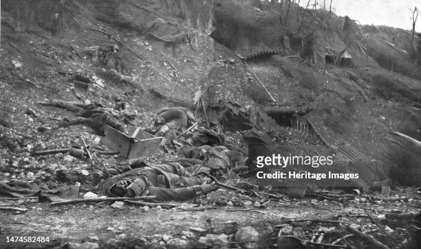 'La Bataille de la Somme; Un chemin creux a la lisiere du Bois de Hem apres les combats du 9 au 15 aout - Allemands fauches par notre artillerie',...