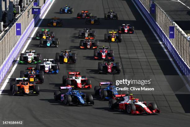 Oliver Bearman of Great Britain and PREMA Racing leads the field into turn one at the start during the Round 2:Jeddah Feature race of the Formula 2...