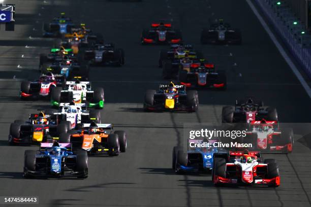 Oliver Bearman of Great Britain and PREMA Racing leads the field into turn one at the start during the Round 2:Jeddah Feature race of the Formula 2...