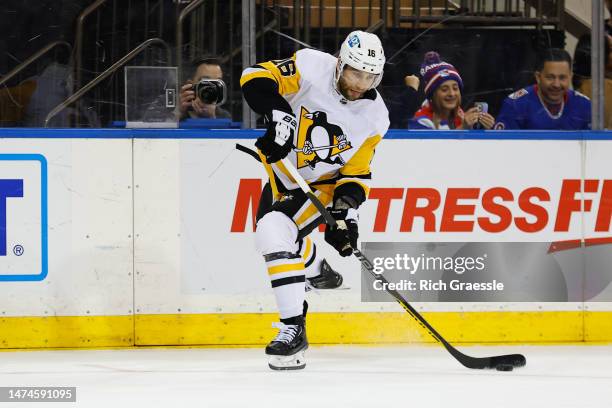 Jason Zucker of the Pittsburgh Penguins against the New York Rangers on March 18, 2023 at Madison Square Garden in New York, New York.