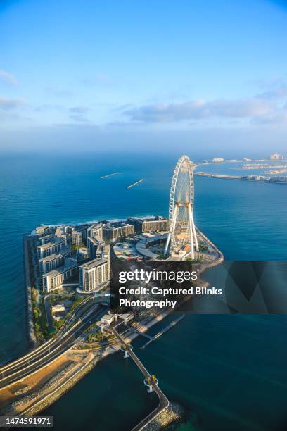 aerial view of ain dubai, the world's largest ferris wheel on bluewaters island and palm jumeirah man-made islands near dubai marina - dubai marina stock pictures, royalty-free photos & images