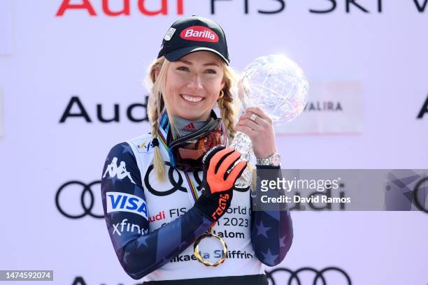 Women's Giant Slalom Cup Champion Mikaela Shiffrin of United States celebrates with the Crystal Globe trophy during the victory ceremony for Women's...