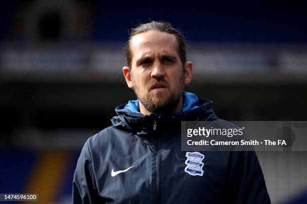 Darren Carter, Manager of Birmingham City, looks on prior to the Vitality Women's FA Cup match between Birmingham City and Brighton & Hove Albion at...