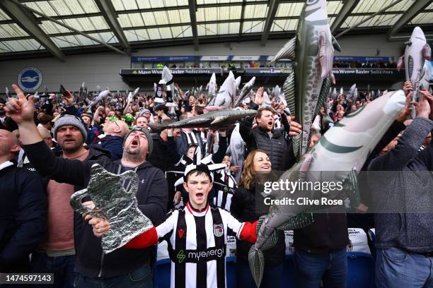 Grimsby Town fans show their support by holding inflatable fish during the Emirates FA Cup Quarter Final match between Brighton & Hove Albion and...