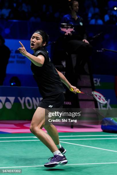 An Se Young of Korea celebrates the victory in the Women's Single Final match against Chen Yufei of China on day six of the Yonex All England...