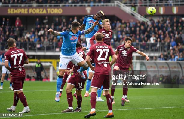 Victor Osimhen of SSC Napoli scores the team's first goal during the Serie A match between Torino FC and SSC Napoli at Stadio Olimpico di Torino on...