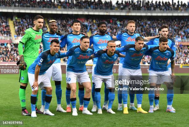 Players of Napoli pose for a team photo prior to the Serie A match between Torino FC and SSC Napoli at Stadio Olimpico di Torino on March 19, 2023 in...