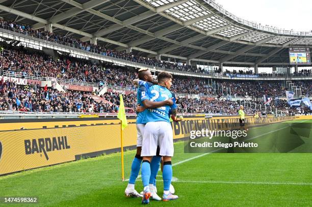 Giovanni Di Lorenzo of SSC Napoli celebrates Victor Osimhen's goal during the Serie A match between Torino FC and SSC Napoli at Stadio Olimpico di...