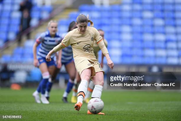 Maren Mjelde of Chelsea scores a penalty for her team's second goal during the Vitality Women's FA Cup Quarter-Final match between Reading and...