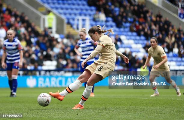 Maren Mjelde of Chelsea scores the team's second goal from a penalty kick during the Vitality Women's FA Cup match between Reading and Chelsea at...