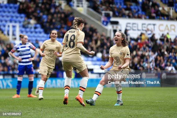 Maren Mjelde of Chelsea celebrates with teammate Niamh Charles after scoring the team's second goal during the Vitality Women's FA Cup match between...
