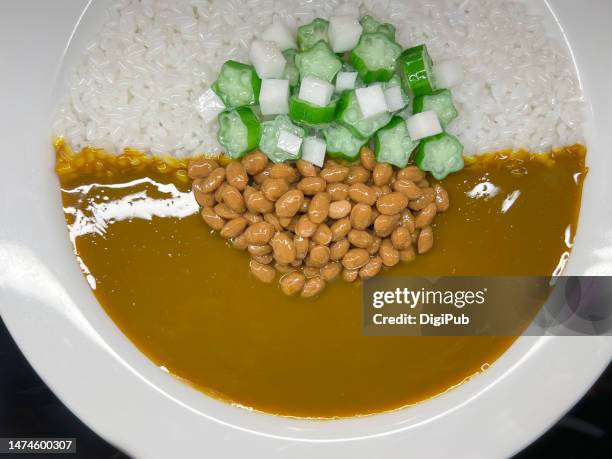 japanese curry and rice with natto, okra and yam, food model - natto stock pictures, royalty-free photos & images