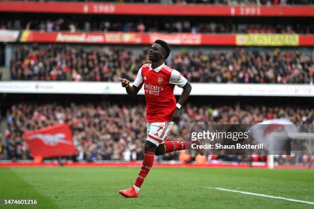 Bukayo Saka of Arsenal celebrates after scoring the team's second goal during the Premier League match between Arsenal FC and Crystal Palace at...