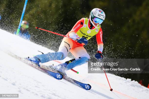 Michelle Gisin of Switzerland in action during the Audi FIS Alpine Ski World Cup Finals - Women's Slalom on March 18, 2023 in Soldeu near Andorra la...