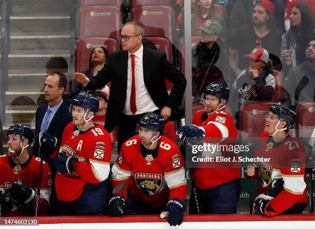 Florida Panthers Head Coach Paul Maurice directs his team from the bench during the third period against the New Jersey Devils at the FLA Live Arena...