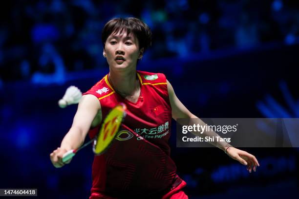 Chen Yufei of China competes in the Women's Single Final match against An Se Young of Korea on day six of the Yonex All England Badminton...