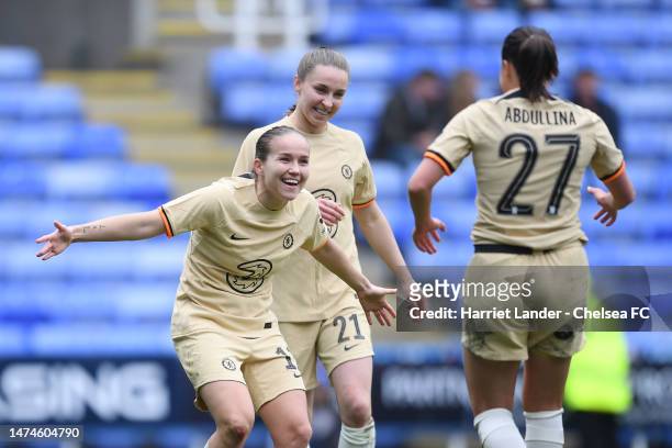 Guro Reiten of Chelsea celebrates with teammate Alsu Abdullina after scoring her team's third goal during the Vitality Women's FA Cup Quarter-Final...