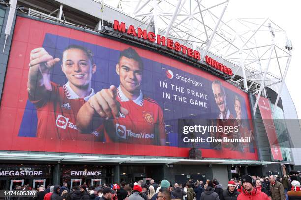 General view of the outside of the stadium as fans arrive prior to the Emirates FA Cup Quarter Final match between Manchester United and Fulham at...