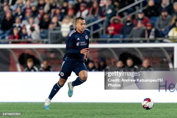 Bobby Wood of New England Revolution on the attack during a game between Nashville SC and New England Revolution at Gillette Stadium on March 18,...
