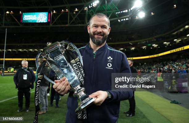 Andy Farrell, the Ireland head coach, holds the Six Nations trophy after their Grand Slam victory during the Six Nations Rugby match between Ireland...