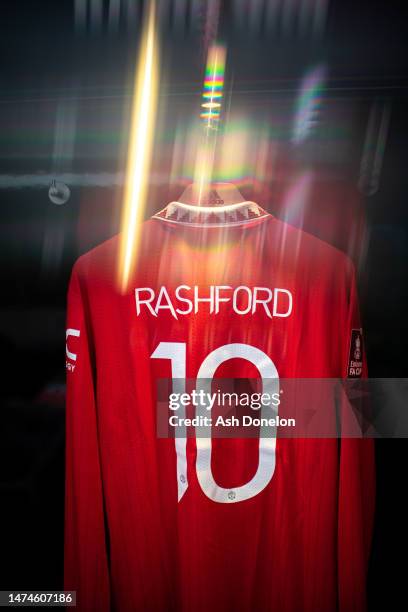 Manchester United's kit is laid out ahead of the Emirates FA Cup Quarter-Final match between Manchester United and Fulham at Old Trafford on March...