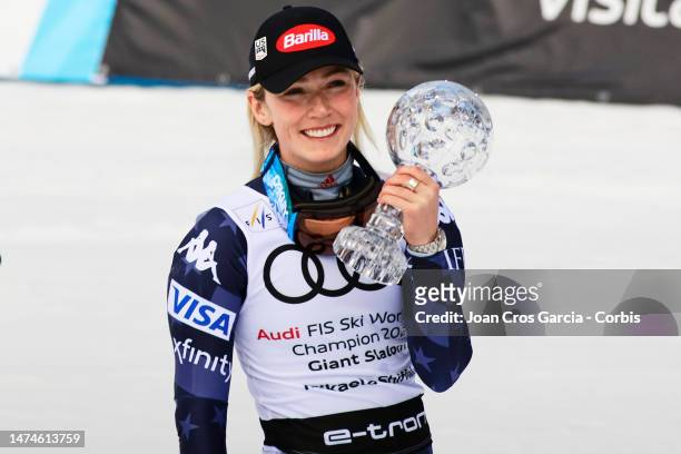 Mikaela Shiffrin of the United States celebrates her Women's Giant Slalom victory with the Crystal Globe during the Audi FIS Alpine Ski World Cup...